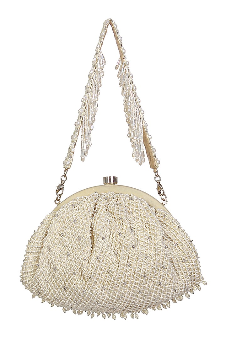 White Satin Bead Work Clutch by Lovetobag at Pernia's Pop Up Shop