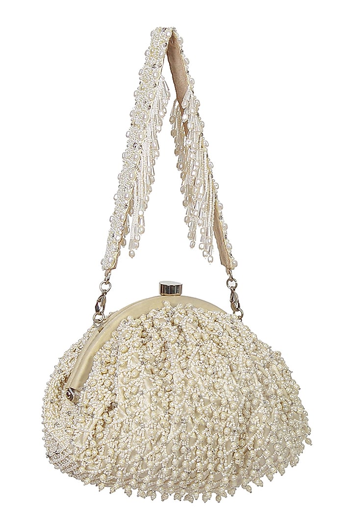 White Satin Bead Work Clutch by Lovetobag at Pernia's Pop Up Shop
