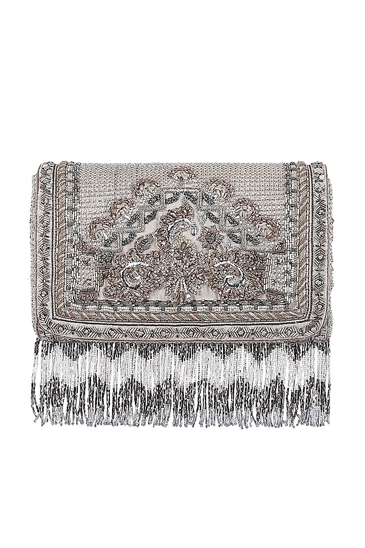 Silver Floral Embroidered Flapover Clutch by Lovetobag