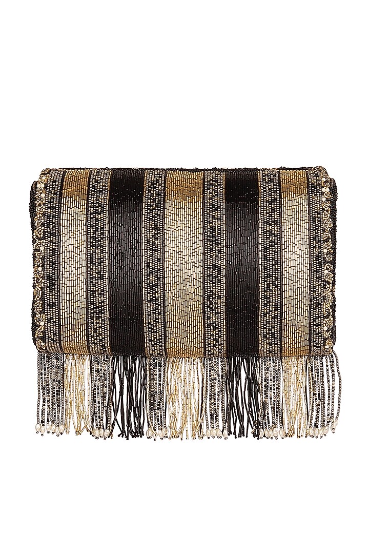 Black Embroidered Flapover Clutch With Handle by Lovetobag at Pernia's Pop Up Shop