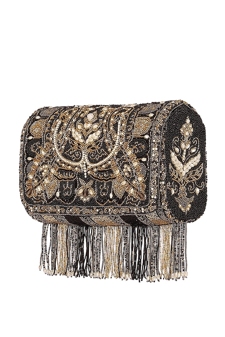 Black Embroidered Flapover Clutch With Handle by Lovetobag at Pernia's Pop Up Shop