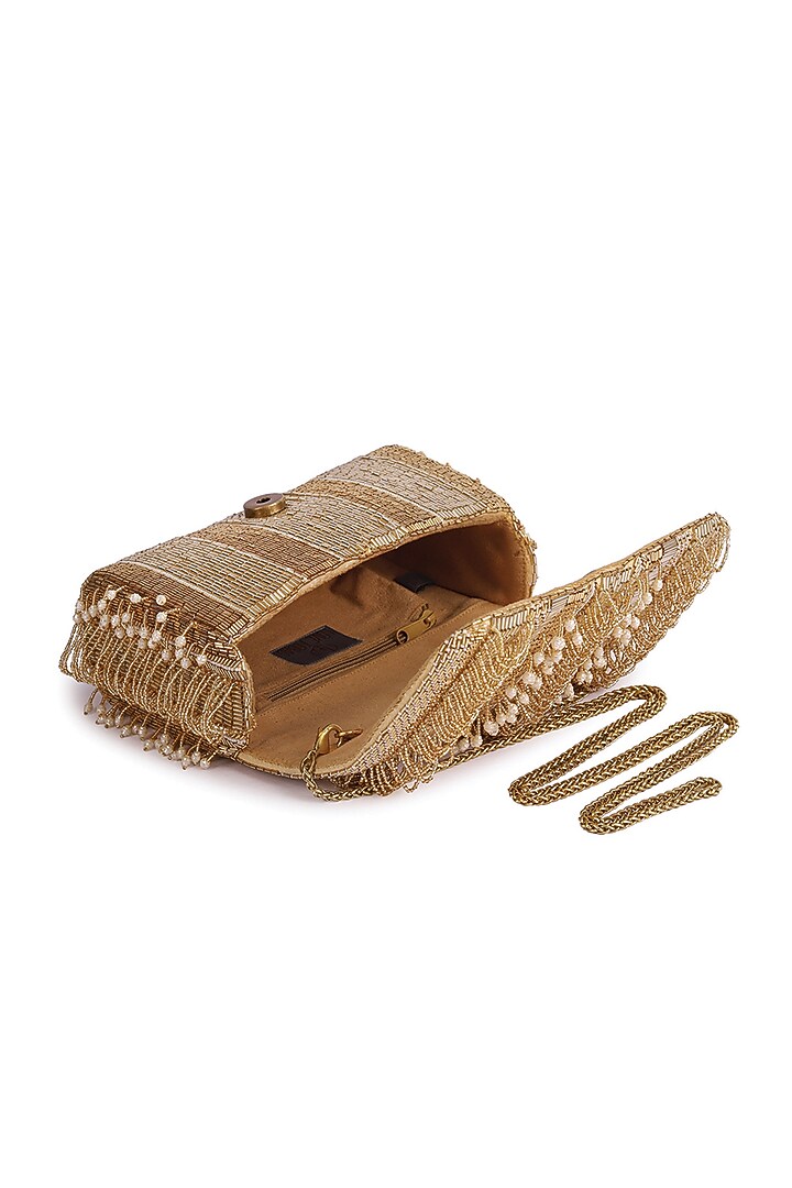 Golden Embroidered Fringed Flapover Clutch by Lovetobag at Pernia's Pop Up Shop