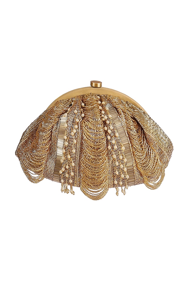 Golden Embroidered Fringed Pouch by Lovetobag