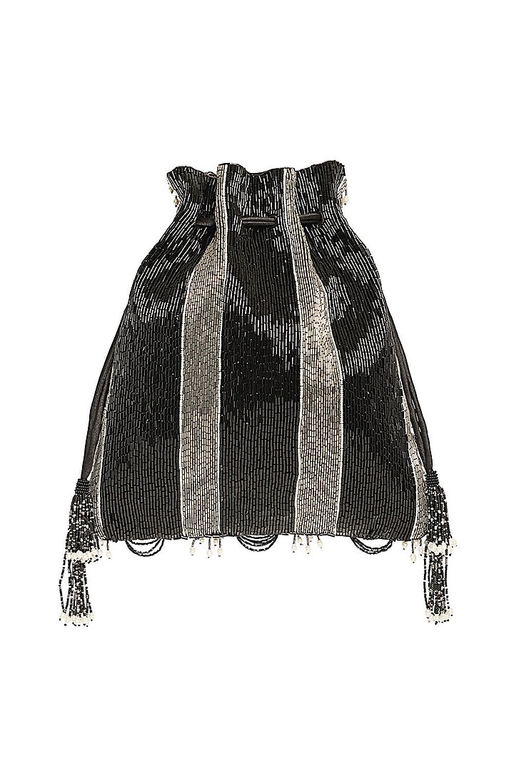 Heritage Black Satin Pearl Hand Embroidered Potli by Lovetobag at Pernia's Pop Up Shop