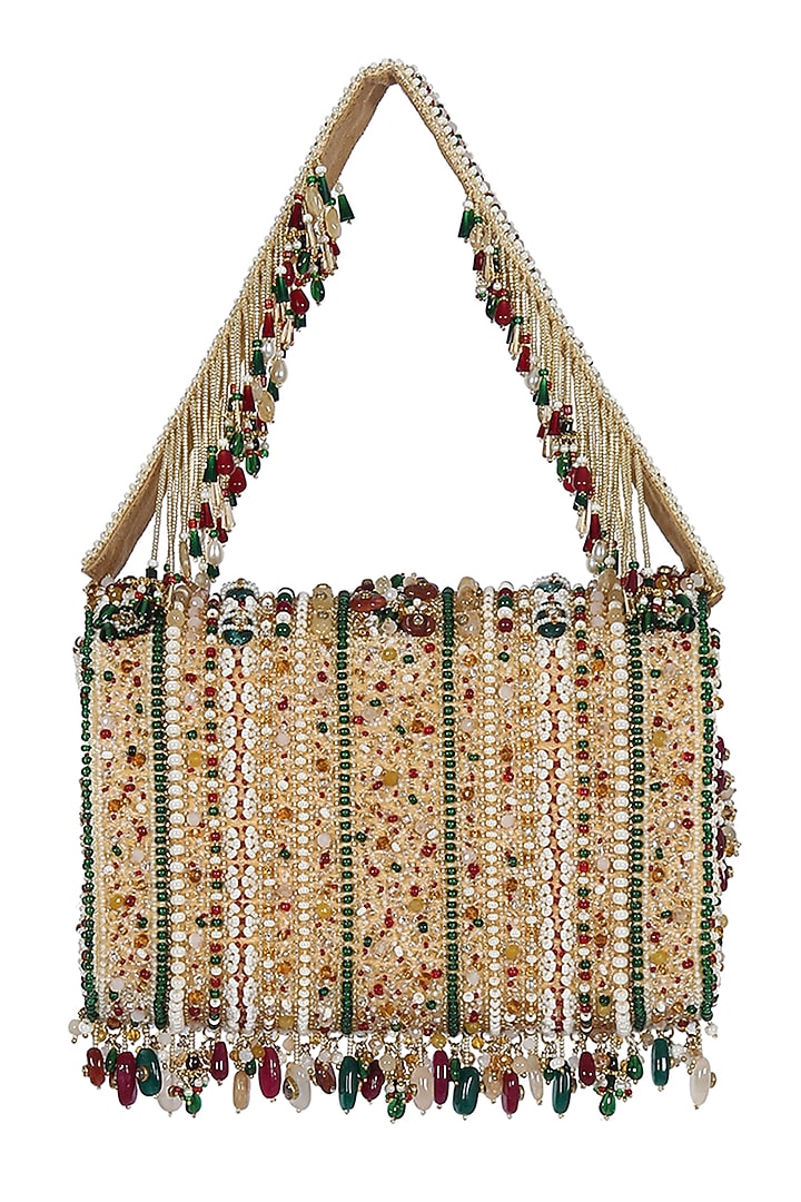 Gold Embellished Flapover Clutch With Handle by Lovetobag at Pernia's Pop Up Shop