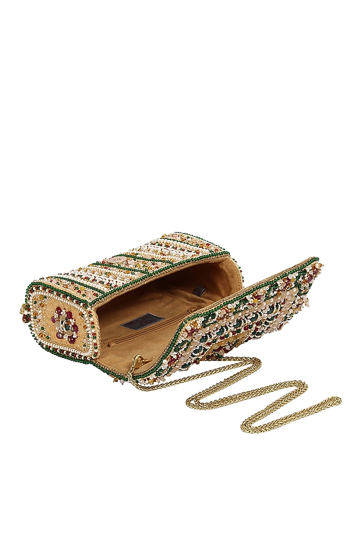 Gold Embellished Flapover Clutch With Handle by Lovetobag at Pernia's Pop Up Shop