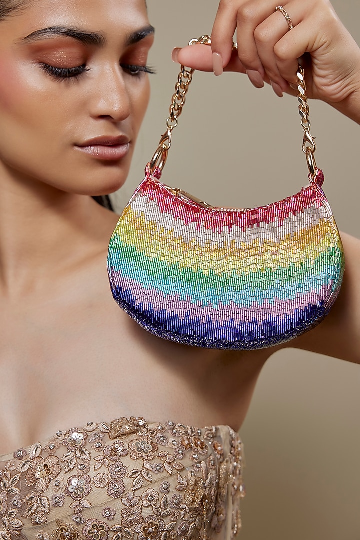 Tourmaline-Colored Satin Bugle Beads Embroidered Clutch Bag by Lovetobag at Pernia's Pop Up Shop