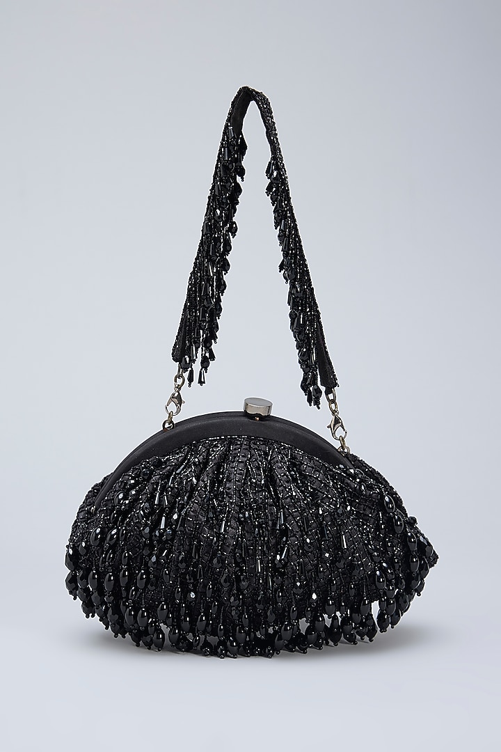 Black Satin Crystal & Japanese Microbeads Hand Embroidered Soft Pouch by Lovetobag at Pernia's Pop Up Shop