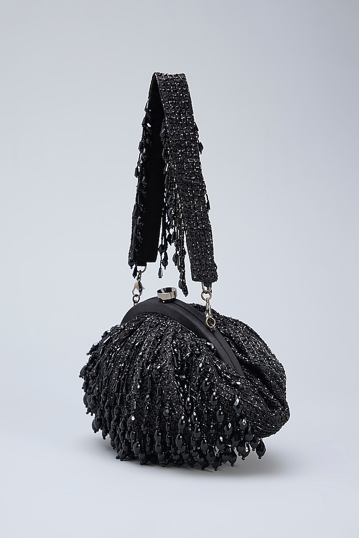Black Satin Crystal & Japanese Microbeads Hand Embroidered Soft Pouch by Lovetobag at Pernia's Pop Up Shop