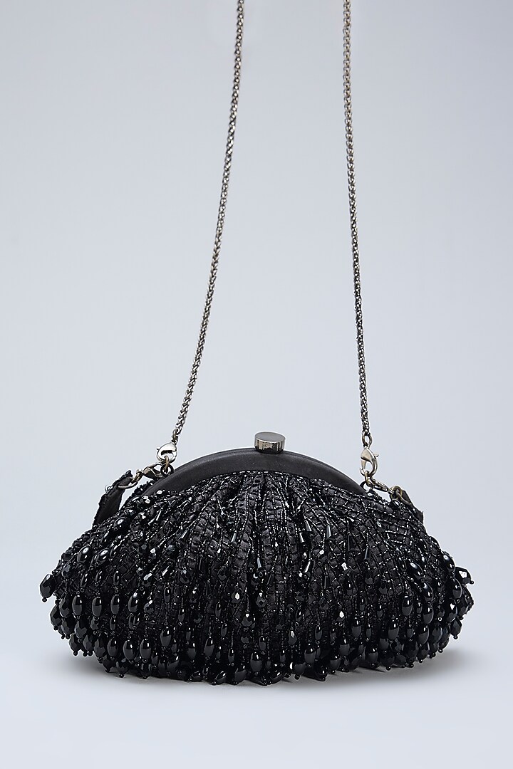 Black Satin Crystal & Japanese Microbeads Hand Embroidered Soft Pouch by Lovetobag at Pernia's Pop Up Shop