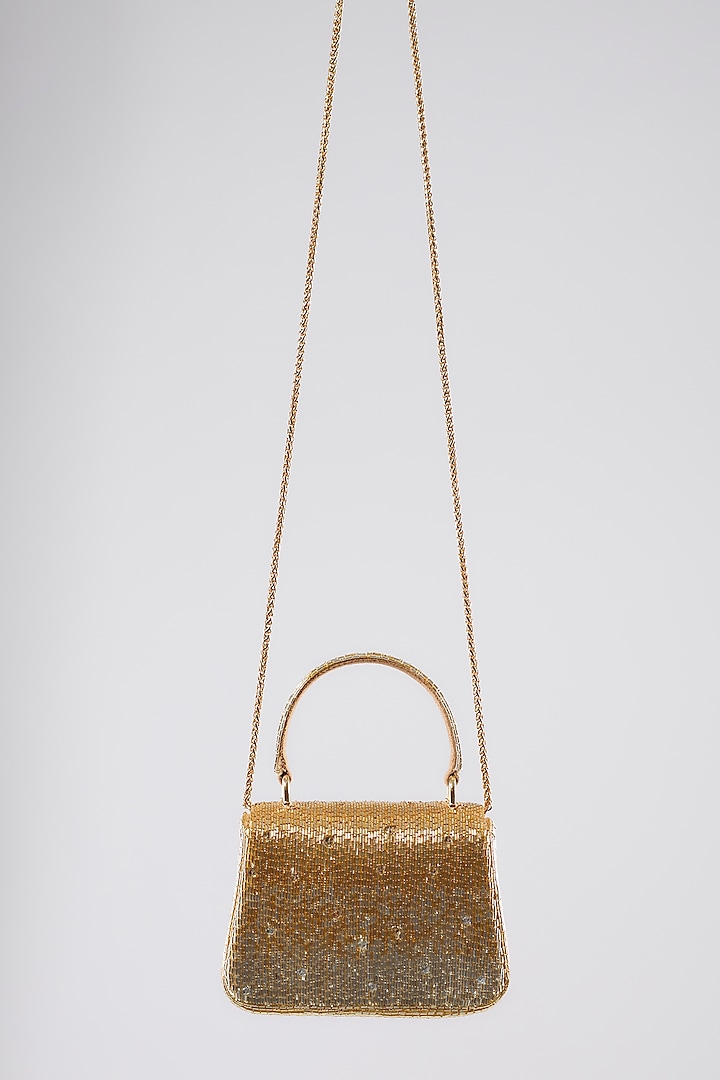Peerless Gold Satin Crystal Hand Embroidered Mini Bag by Lovetobag at Pernia's Pop Up Shop