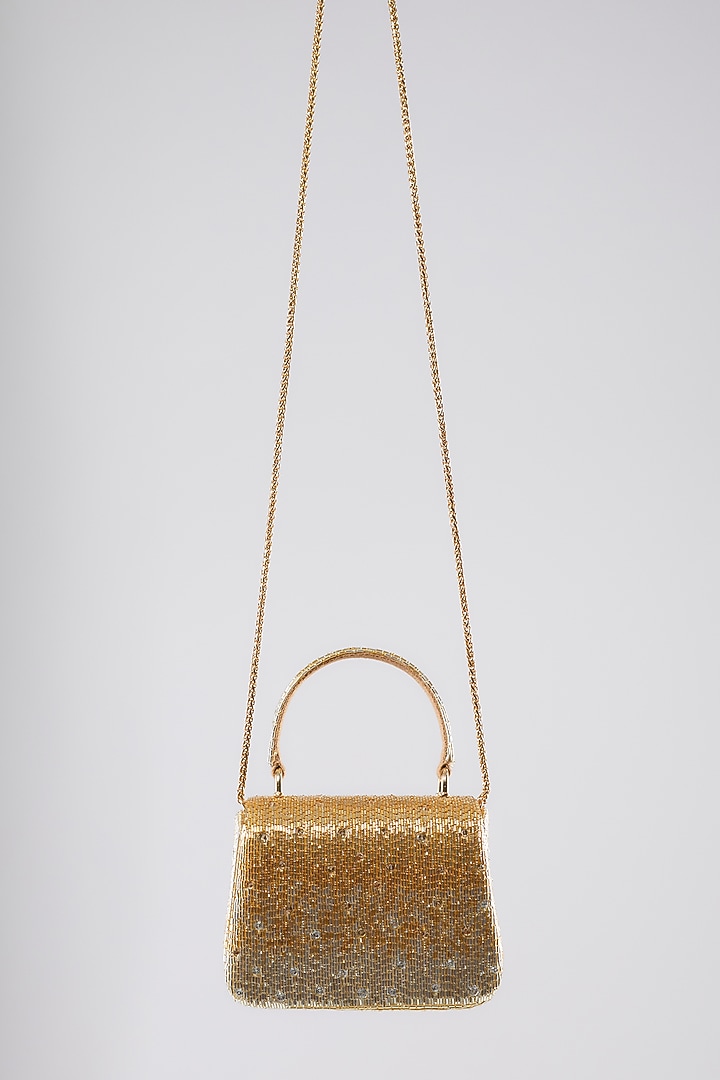 Peerless Gold Satin Crystal Hand Embroidered Mini Bag by Lovetobag at Pernia's Pop Up Shop