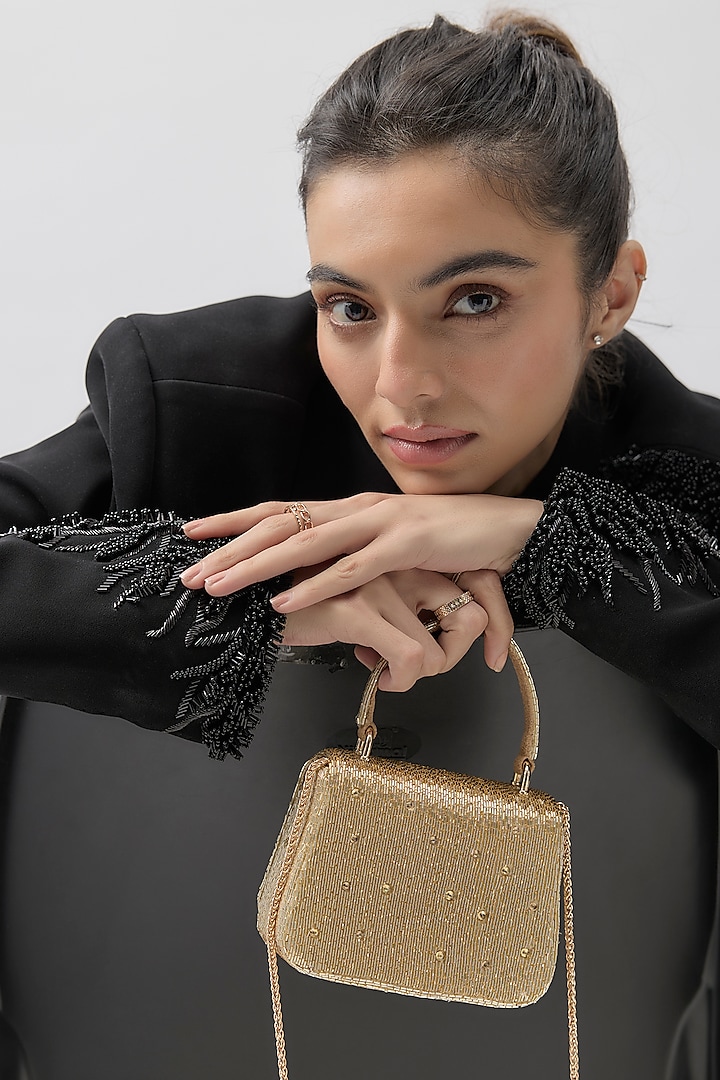 Gold Satin Crystal Hand Embroidered Mini Trapezium Bag by Lovetobag at Pernia's Pop Up Shop
