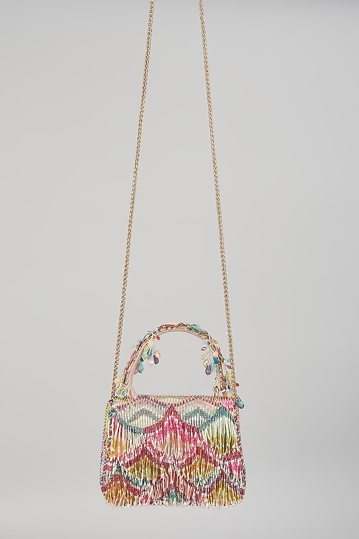 Pink Georgette Embellished Trapezium Mini Bag by Lovetobag at Pernia's Pop Up Shop