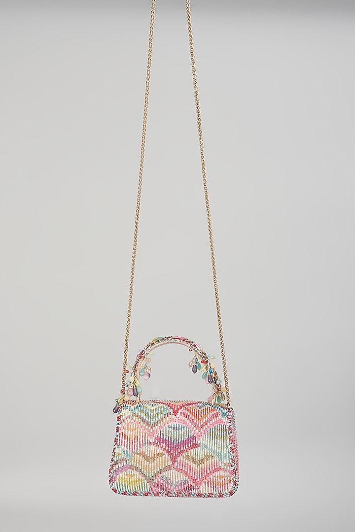 Pink Georgette Embellished Trapezium Mini Bag by Lovetobag at Pernia's Pop Up Shop