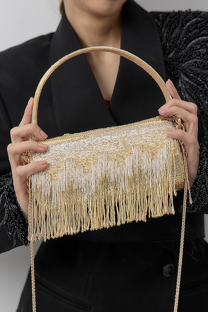 Gold Satin Hand Embroidered Clutch by Lovetobag at Pernia's Pop Up Shop