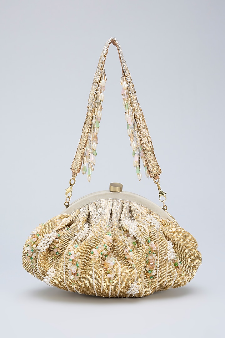 Metallic Gold Satin Crystal & Pearl Embellished Ombre Pouch by Lovetobag at Pernia's Pop Up Shop