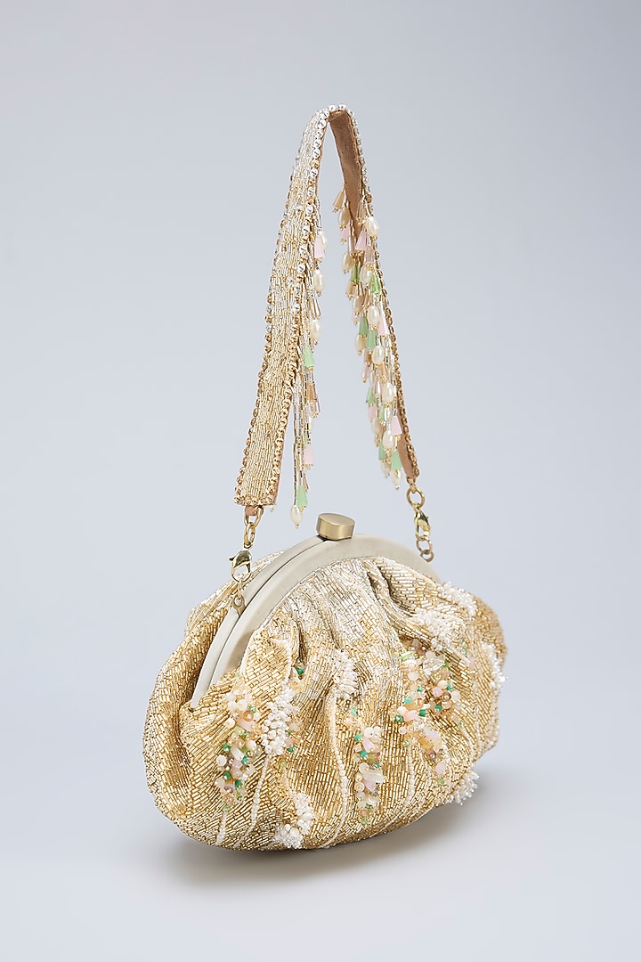 Metallic Gold Satin Crystal & Pearl Embellished Ombre Pouch by Lovetobag at Pernia's Pop Up Shop