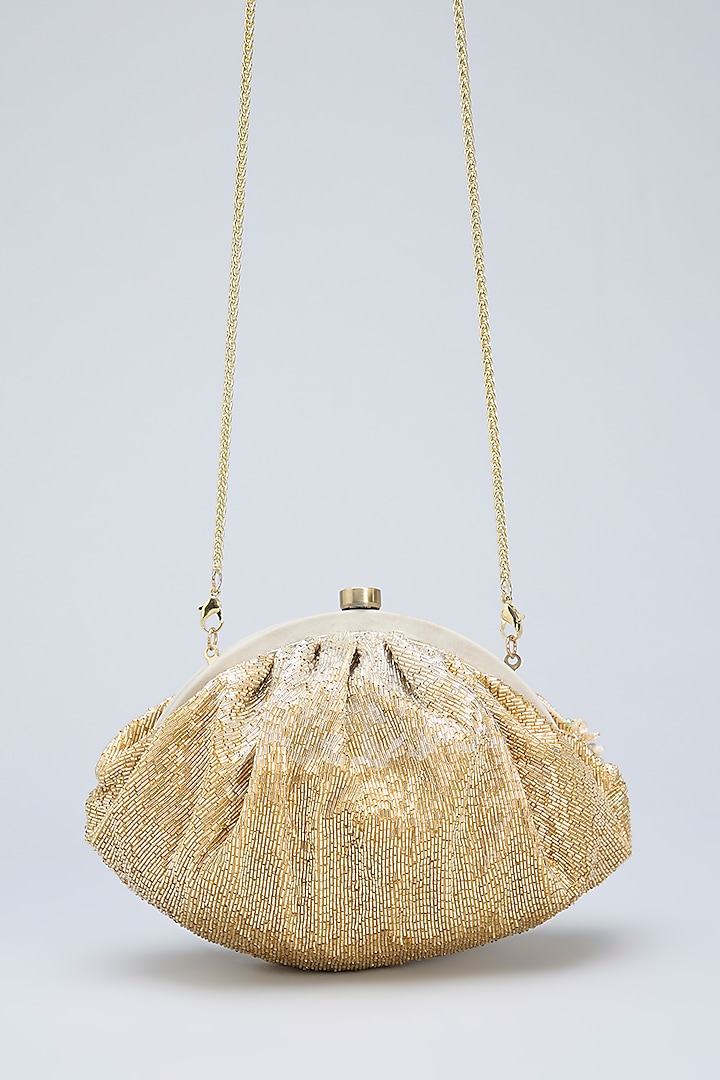 Metallic Gold Satin Crystal & Pearl Embellished Ombre Pouch by Lovetobag at Pernia's Pop Up Shop