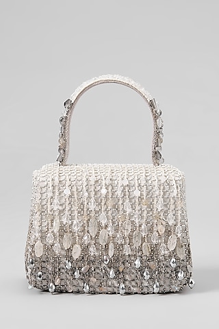 Silver Satin Crystal Hand Embroidered Mini Trapezium Bag by Lovetobag