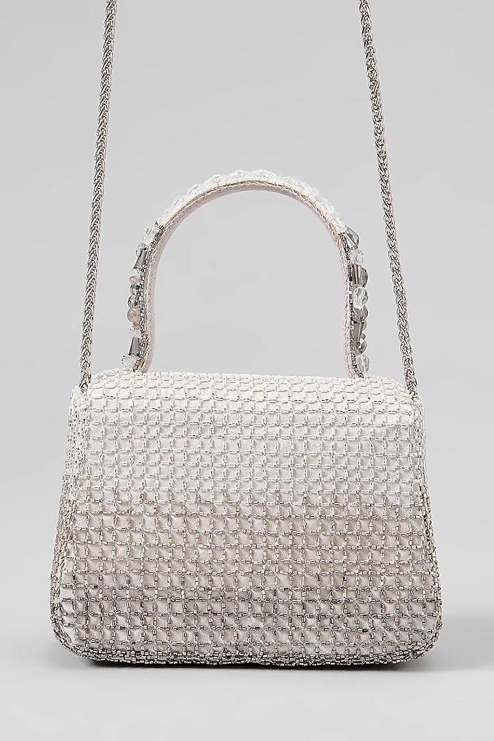 Silver Satin Crystal Hand Embroidered Mini Trapezium Bag by Lovetobag at Pernia's Pop Up Shop