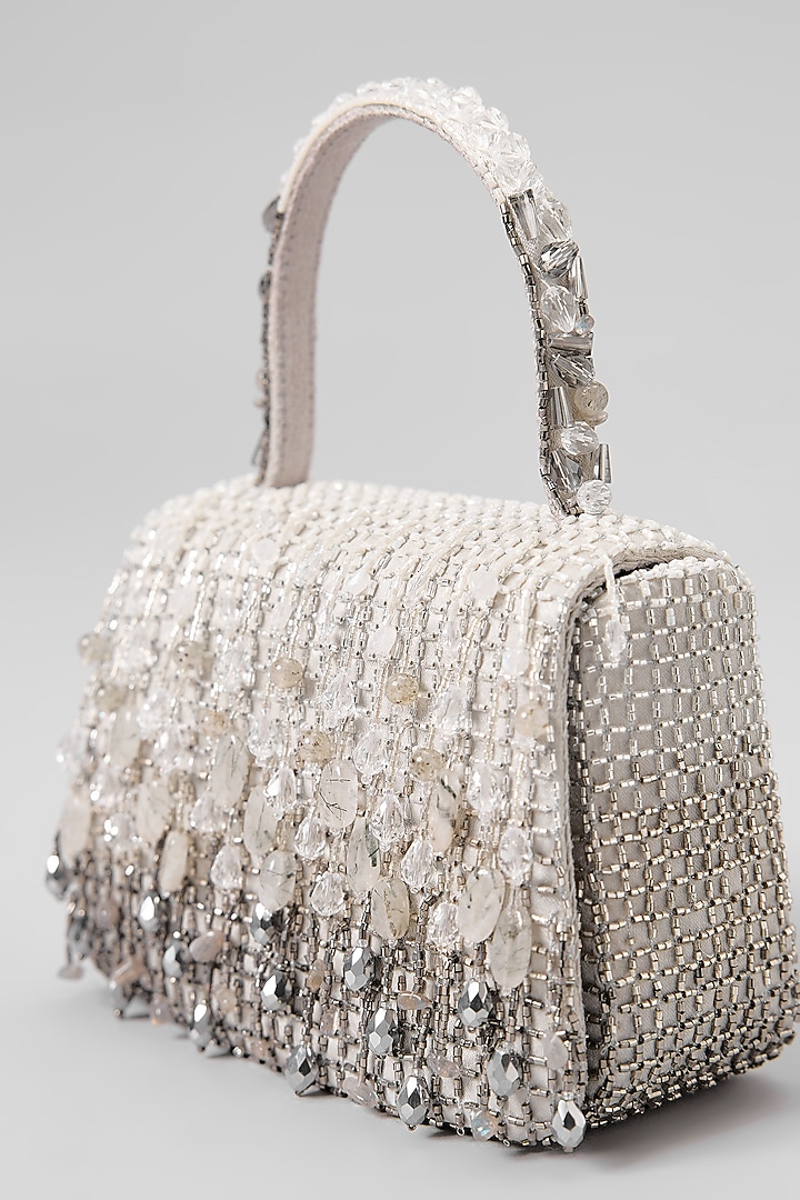 Silver Satin Crystal Hand Embroidered Mini Trapezium Bag by Lovetobag at Pernia's Pop Up Shop