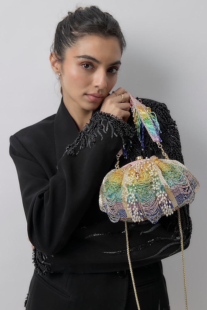 Tourmaline Rainbow Satin Hand Embroidered Pouch by Lovetobag at Pernia's Pop Up Shop