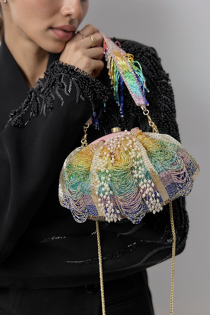 Tourmaline Rainbow Satin Hand Embroidered Pouch by Lovetobag at Pernia's Pop Up Shop