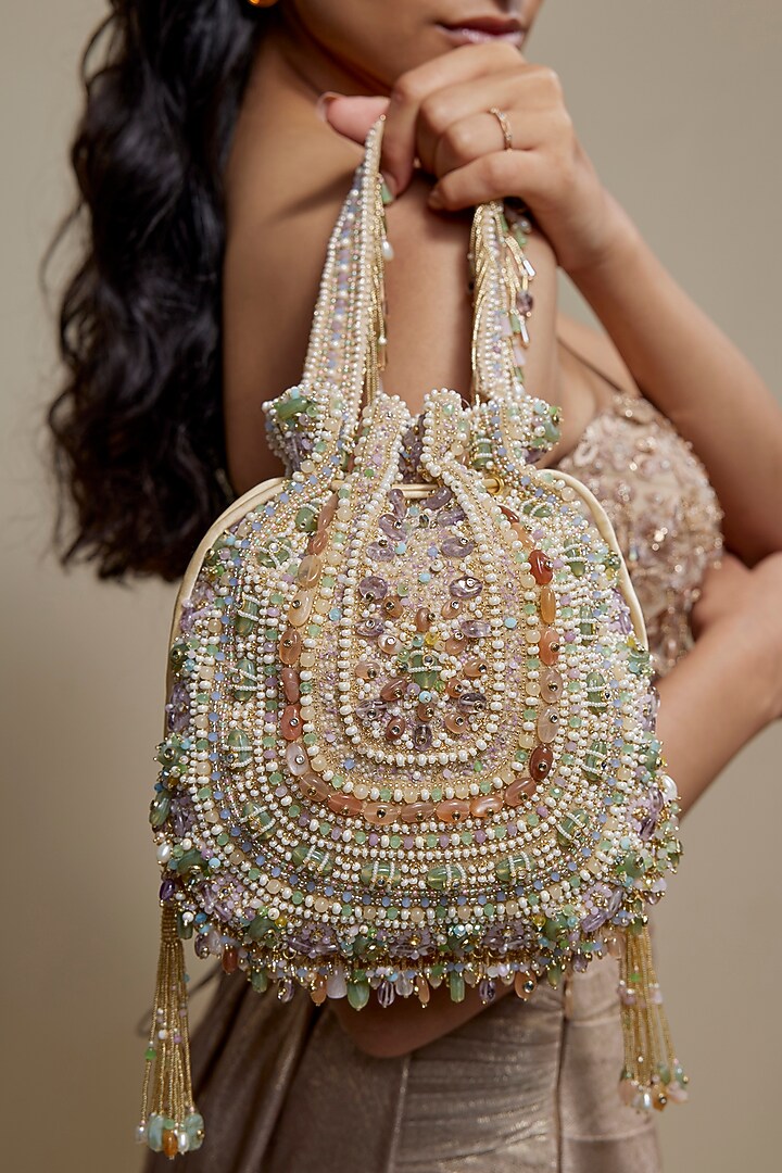 Amethyst Lavender Velvet Quartz Stone Embellished Potli Bag by Lovetobag at Pernia's Pop Up Shop