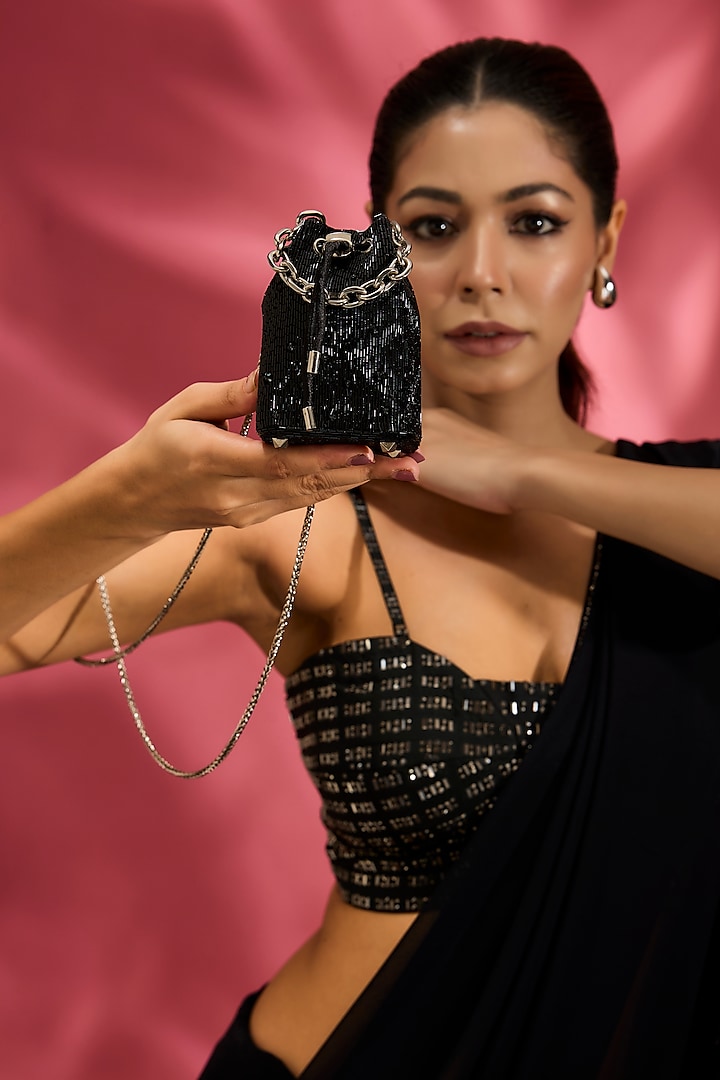 Black Satin Hand Embroidered Mini Potli by Lovetobag at Pernia's Pop Up Shop