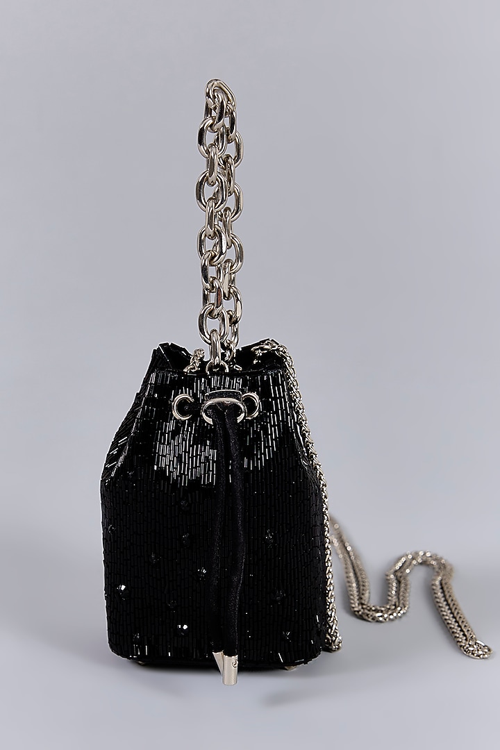 Black Satin Hand Embroidered Mini Potli by Lovetobag at Pernia's Pop Up Shop