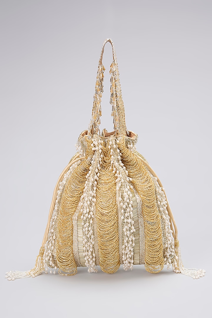 Gold Satin Crystal & Pearl Embellished Potli by Lovetobag at Pernia's Pop Up Shop