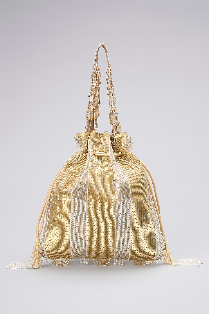 Gold Satin Crystal & Pearl Embellished Potli by Lovetobag at Pernia's Pop Up Shop