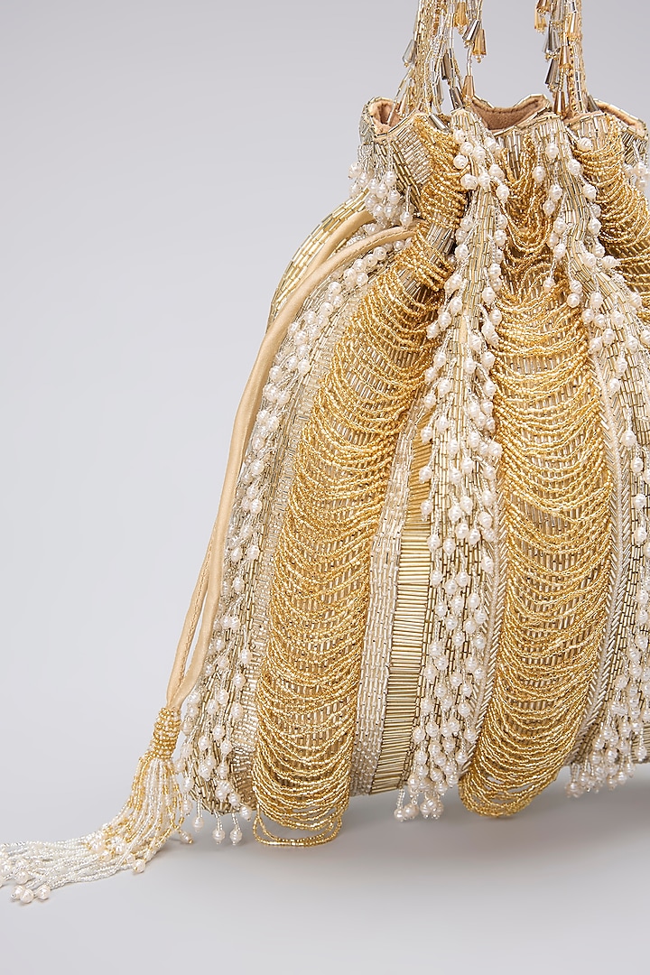 Gold Satin Crystal & Pearl Embellished Potli by Lovetobag at Pernia's Pop Up Shop