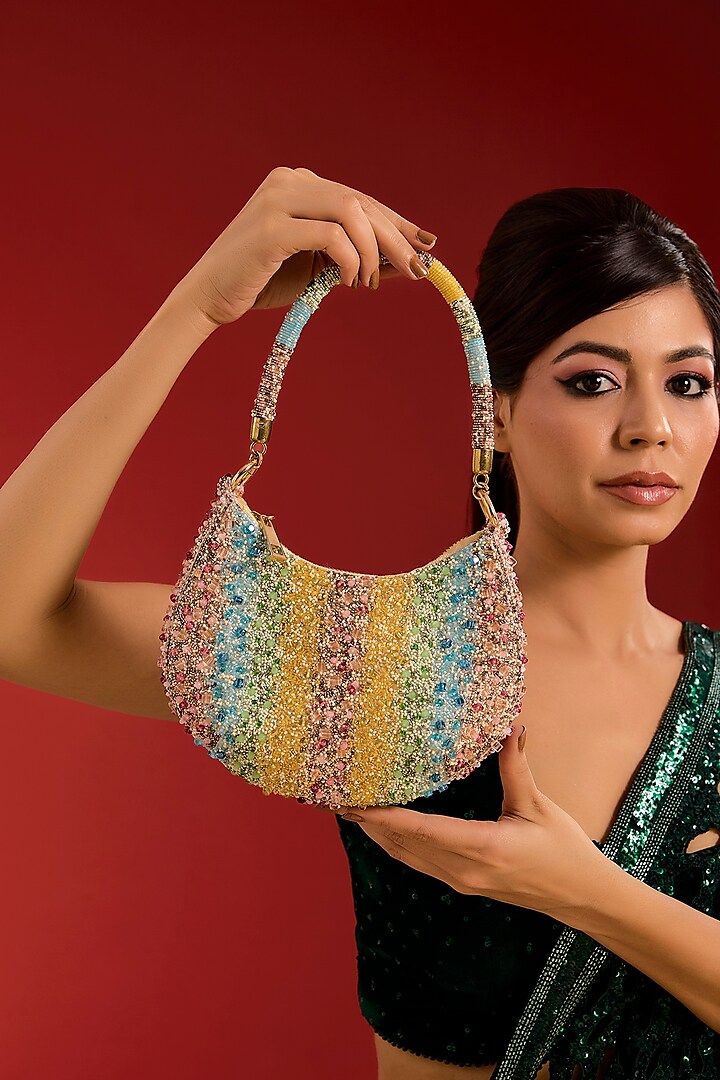 Sublime Pastel Multi-Colored Satin Embellished Crescent Bag by Lovetobag at Pernia's Pop Up Shop
