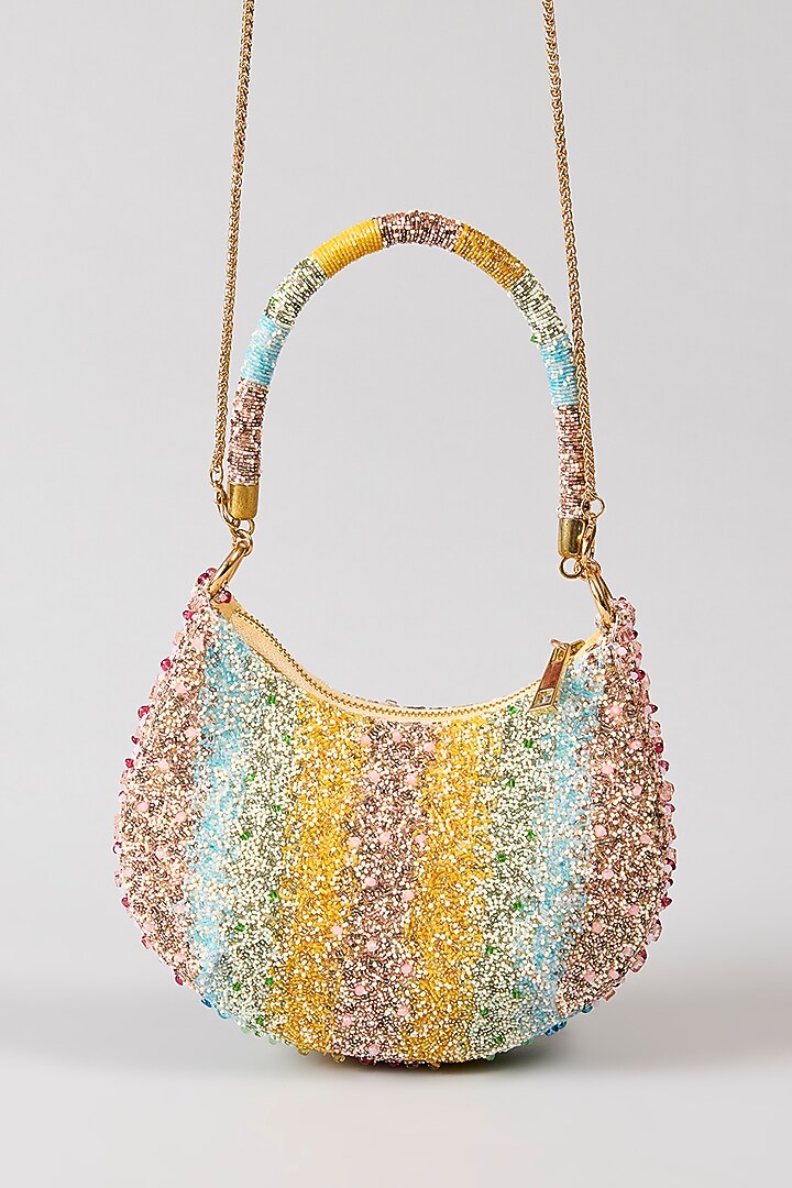 Sublime Pastel Multi-Colored Satin Embellished Crescent Bag by Lovetobag at Pernia's Pop Up Shop