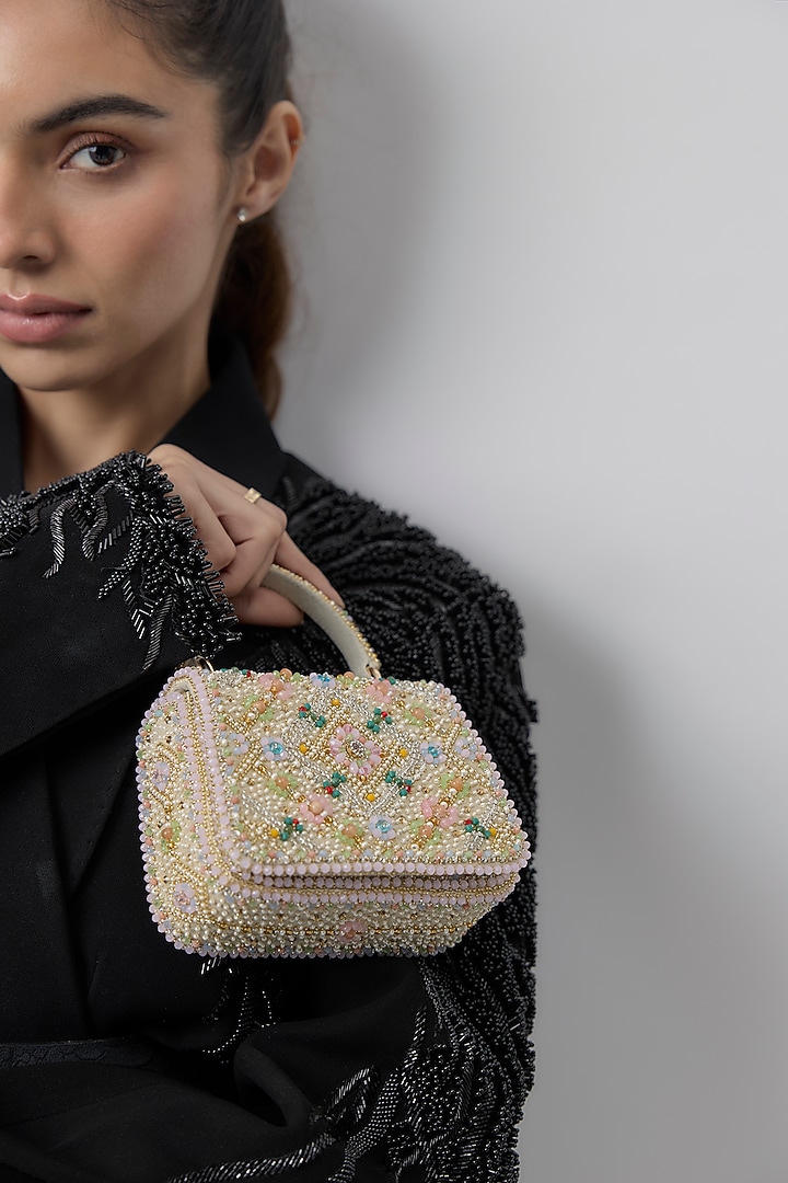 Multi-Colored Satin Japanese Bead Embellished Mini Trapezium Bag by Lovetobag at Pernia's Pop Up Shop