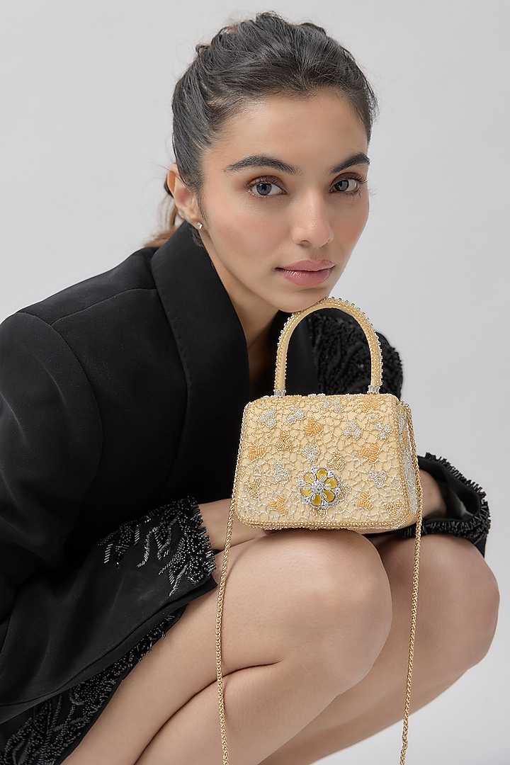 Golden Satin Zircon Mini Trapezium Clutch by Lovetobag at Pernia's Pop Up Shop