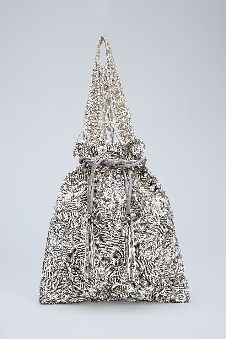 Silver Satin Hand Embroidered Pouch by Lovetobag at Pernia's Pop Up Shop