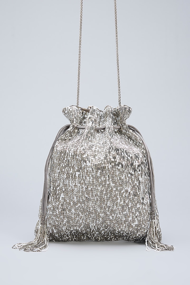 Silver Satin Hand Embroidered Pouch by Lovetobag at Pernia's Pop Up Shop