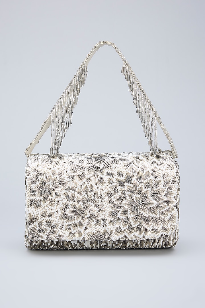 Silver Satin Hand Embroidered Flapover Clutch by Lovetobag at Pernia's Pop Up Shop