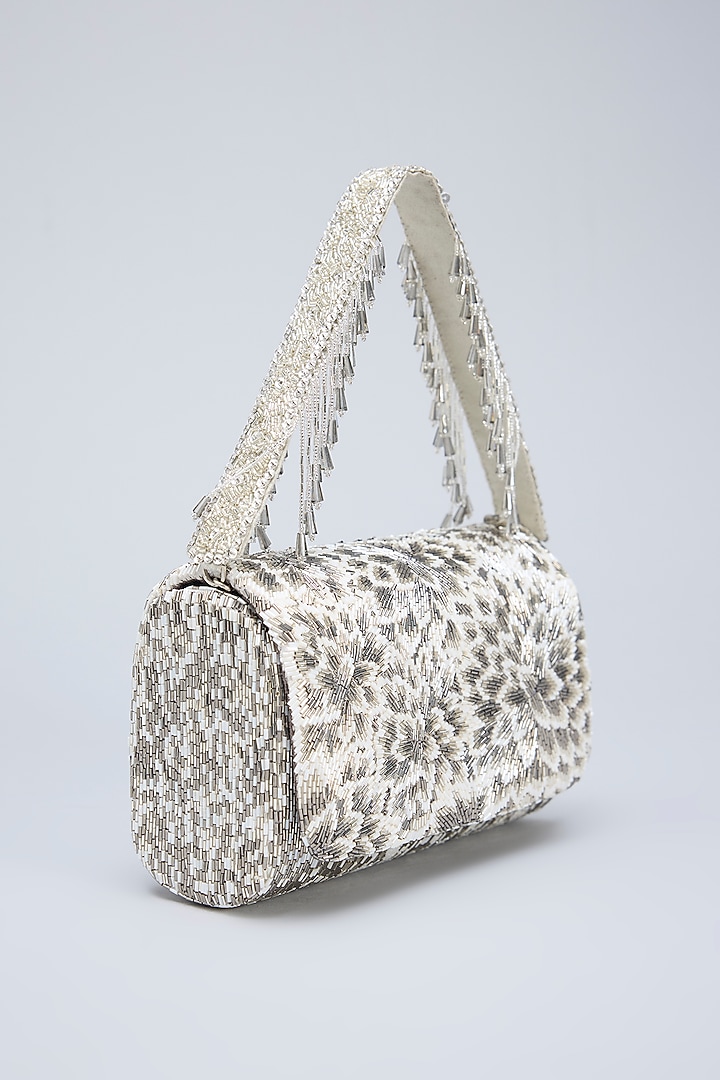 Silver Satin Hand Embroidered Flapover Clutch by Lovetobag at Pernia's Pop Up Shop
