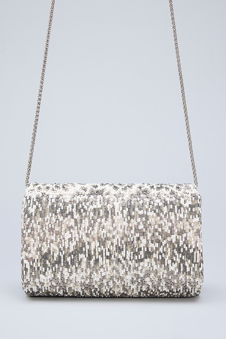 Silver Satin Hand Embroidered Flapover Clutch by Lovetobag at Pernia's Pop Up Shop