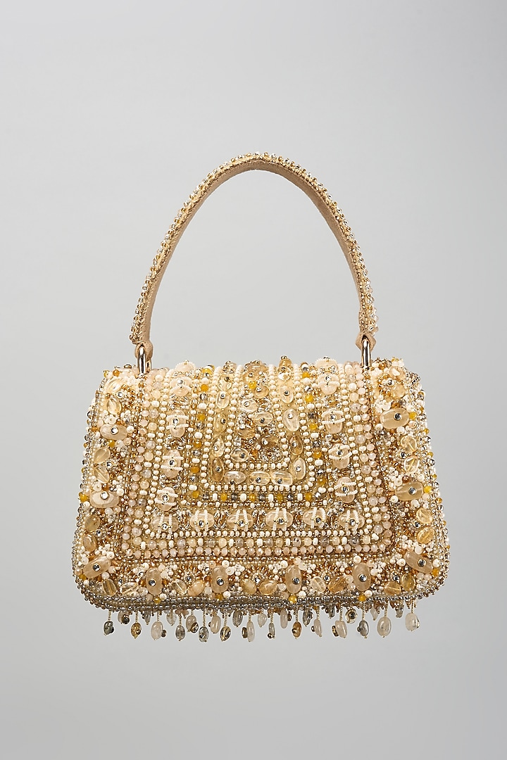 Golden Velvet Amethyst & Quartz Stone Trapezium Bag by Lovetobag at Pernia's Pop Up Shop