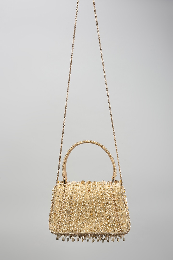 Golden Velvet Amethyst & Quartz Stone Trapezium Bag by Lovetobag at Pernia's Pop Up Shop