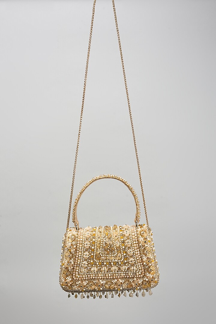 Golden Velvet Amethyst & Quartz Stone Trapezium Bag by Lovetobag at Pernia's Pop Up Shop