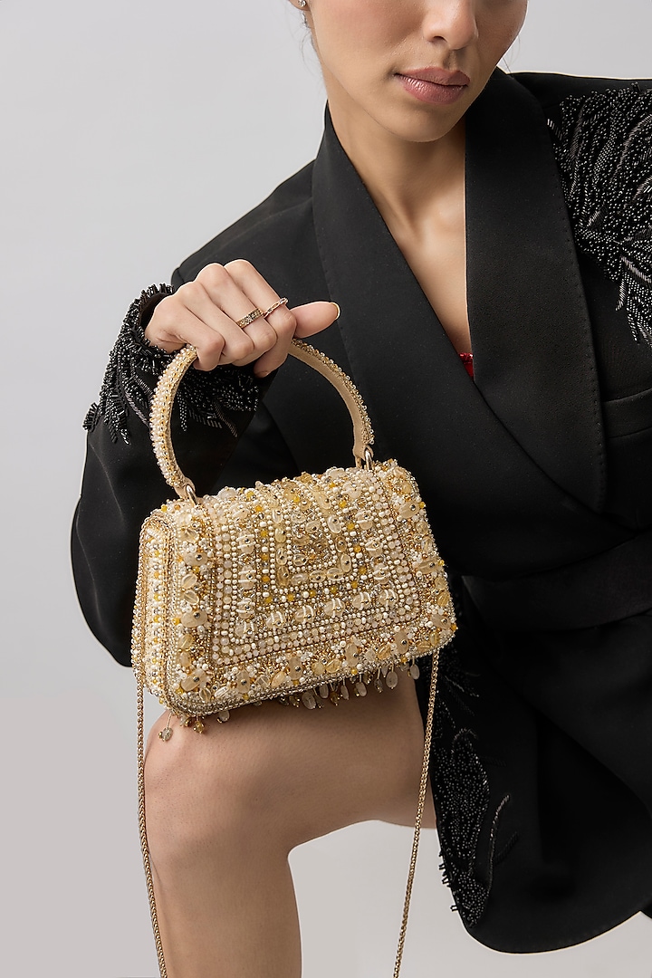Golden Velvet Amethyst & Quartz Stone Trapezium Bag by Lovetobag at Pernia's Pop Up Shop