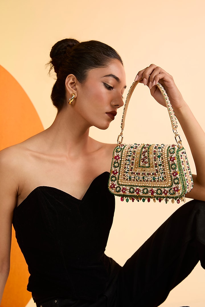 Gold & Emerald Green Velvet Crystal Embroidered Flapover Clutch by Lovetobag at Pernia's Pop Up Shop