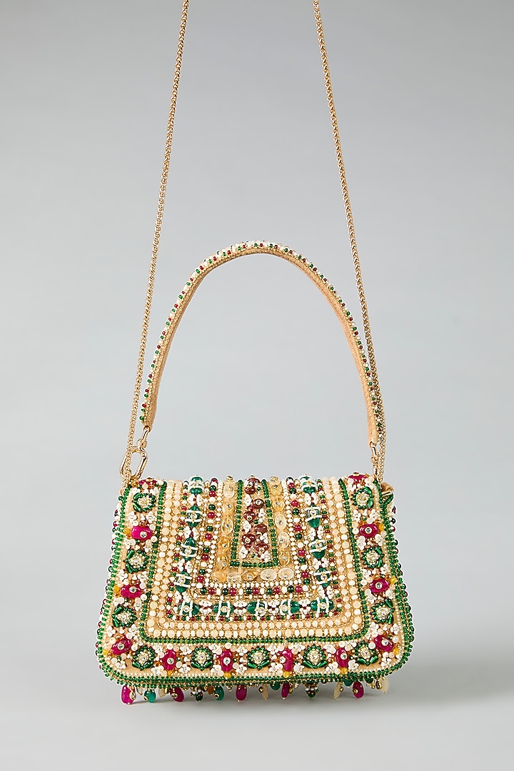 Gold & Emerald Green Velvet Crystal Embroidered Flapover Clutch by Lovetobag at Pernia's Pop Up Shop