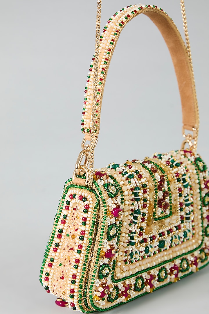 Gold & Emerald Green Velvet Crystal Embroidered Flapover Clutch by Lovetobag at Pernia's Pop Up Shop